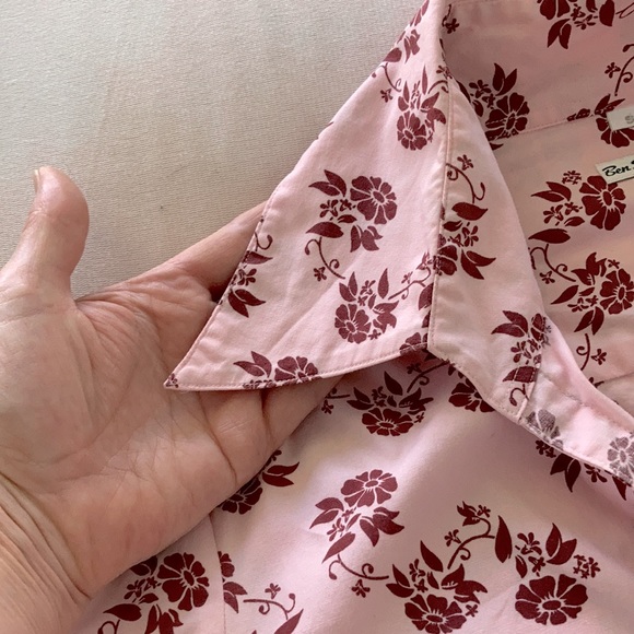 BEN SHERMAN floral Western shirt, stretch, dagger collar SIZE 8 pink burgundy - Picture 2 of 12